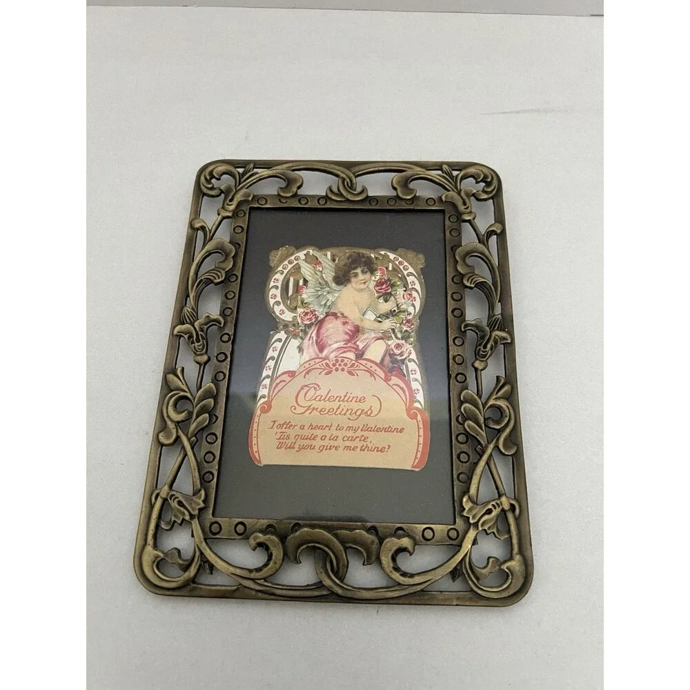 Ornate Metal Picture Frame w/VTG Valentine 3.5x5 Antique Brass Finish